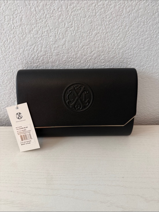 Christian Lacroix Handbags - Christian Lacroix Black Fold-Over Clutch with Embossed Medallion and gold chain